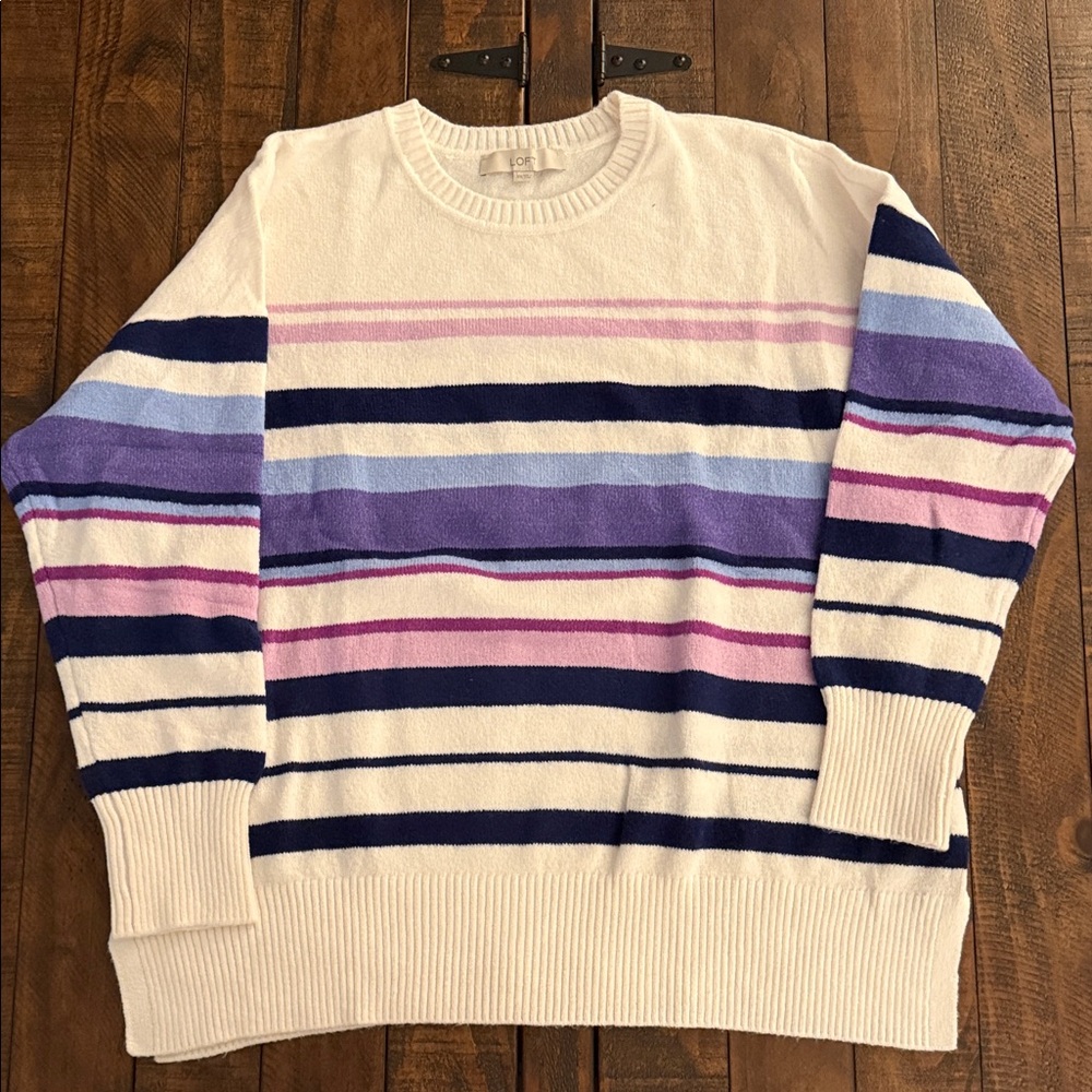 LOFT White Stripped Ribbed Knit Sweater